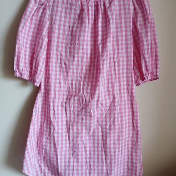 Fashion- Pink Gingham Elbow Sleeves with Wrap Waist Front/Side Tie Dress - Picture 2 of 11